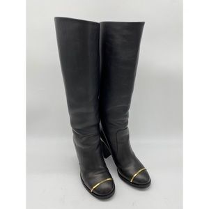 100% authentic Chanel Gold trimmed black tall leather boots 37C